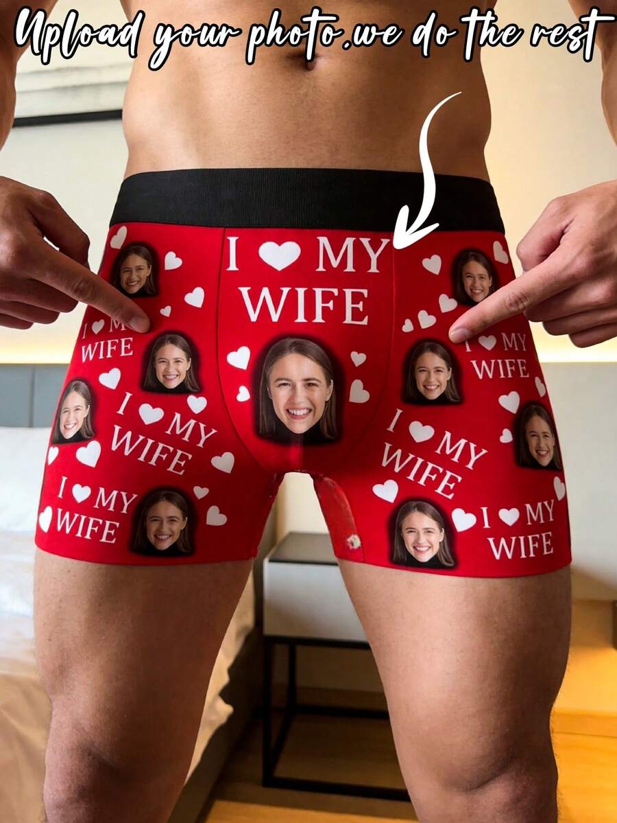 男士客製化印花四角內褲，印有妻子照片與「I LOVE MY WIFE」文字及紅心圖案，皇家藍色，柔軟透氣材質