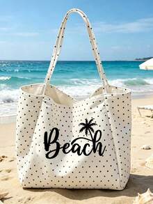 復古波點白色大容量單肩包套裝－印有「Beach」字母與棕櫚樹圖案，附白色小包的購物旅行托特包，可折疊單肩手提包，通勤托特包，平板收納包，夏季旅行必備包，適合海灘旅行、泳池日、購物與日常使用，返校季、教師節禮物 - 彩色 - 查看 6