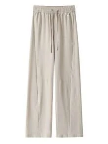 Men's Summer Solid Color Drawstring Waist Wide Leg Loose Casual Long Pants - Apricot - View 3
