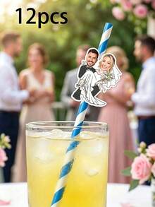 1/12/24/48pcs Personalized Wedding Party Straws - Custom Silhouette Photo, Comes With Straws And Fasteners For You To Install - Add Fun To Personalized Party Drink Decorations - Multicolor - View 15