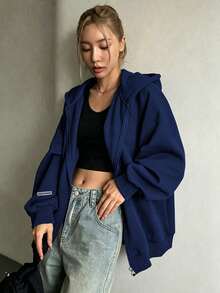 1件青少年女孩休閒極簡百搭抓絨內裡連帽衛衣，厚實保暖，適合春/秋/冬返校季 - 藏蓝色 - 查看 5