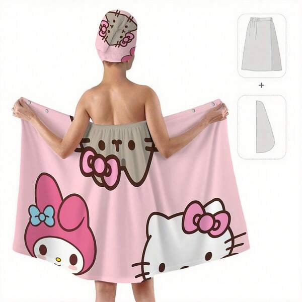 SANRIO 2 piezas Bata de baño con botones y toalla para el cabello con estampado de gatito y sus amigos, 100% poliéster, tela de punto, suave, gorro de ducha de alta absorción, toalla de baño ponible, conjunto de bata de baño y gorro para el cabello para adultos, adecuado para el baño, absorbente, secado rápido, falda de sauna, envoltura de spa y sauna, lindos suministros de baño