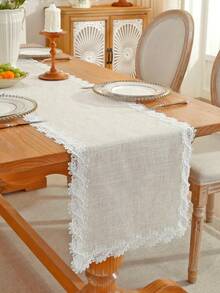 100% Polyester Natural Beige Textured Table Runner With Double Side Daisy Floral Hollow Scalloped Lace Border, Minimalist Farmhouse Decor Table Scarf, Solid Neutral Tone Table Flag For Dining Table Tea Table Kitchen Wedding Home Decor - Beige - View 5