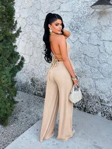 Blazique Elegant Sexy Women's Halter Backless Tank Top And Pants 2 Pieces Set, With Decorative Details Summer - Apricot - View 2
