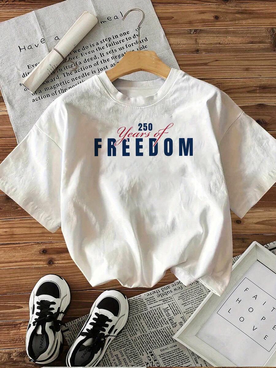 toppar, 250 Years of Freedom tryckt 100% ren rundhalsad T-shirt är gjord av ett enfärgat, moderiktigt och stilfullt tyg. Den är speciellt designad för sommaren och passar för vardagsbruk. - Vitt - Visa 1