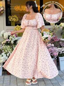 GalTyme Vestido casual de verano con estampado floral diminuto para tallas grandes - Rosa - Ver 1