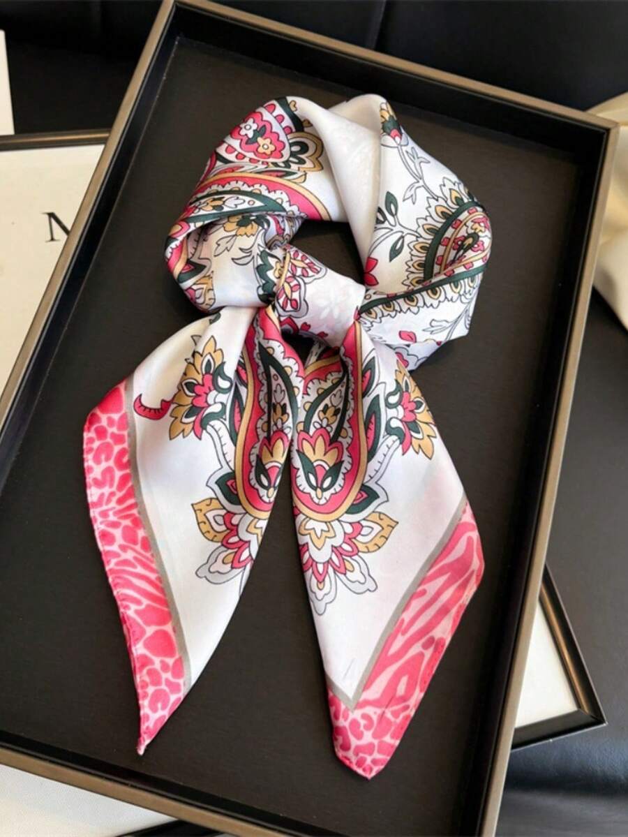 1件女款優雅復古印花薄緞面正方形仿絲巾，波西米亞風休閒女款頸巾、披肩，輕盈舒適女款頭巾，適合春夏季日常穿著與外出 - 粉色 - 查看 1
