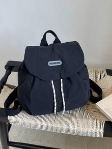 Mochila de estilo universitario con patchwork, casual y versátil, de gran capacidad, para exteriores, viajes, escuela y campus - Negro - Ver 1