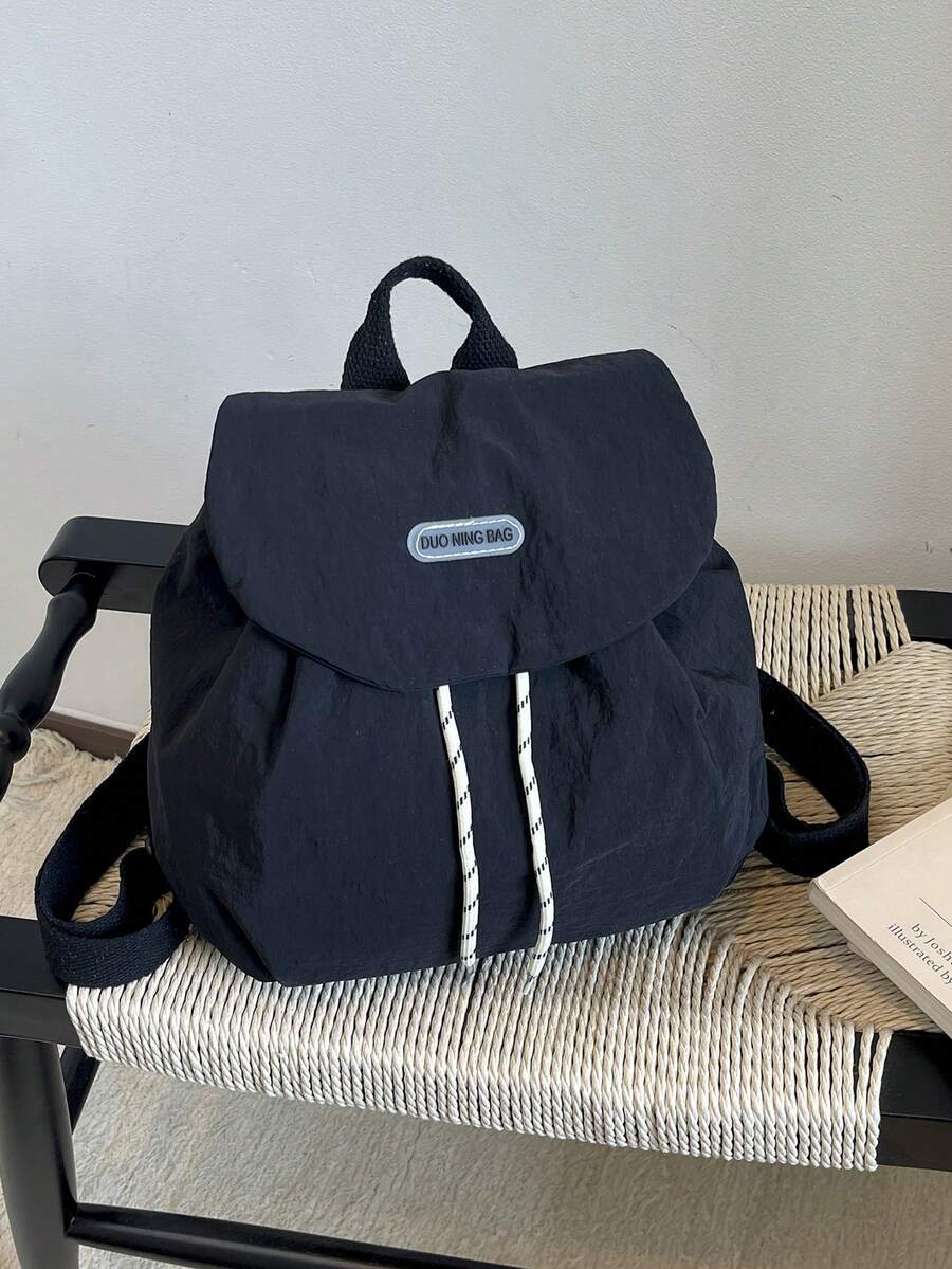 Mochila de estilo universitario con patchwork, casual y versátil, de gran capacidad, para exteriores, viajes, escuela y campus - Negro - Ver 1