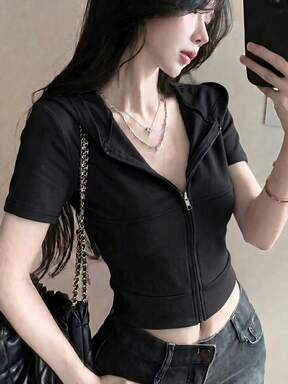 Korean Street Style Summer Zip-Up Fitted Camouflage Short Sleeve Hooded T-Shirt Cardigan Crop Top Black