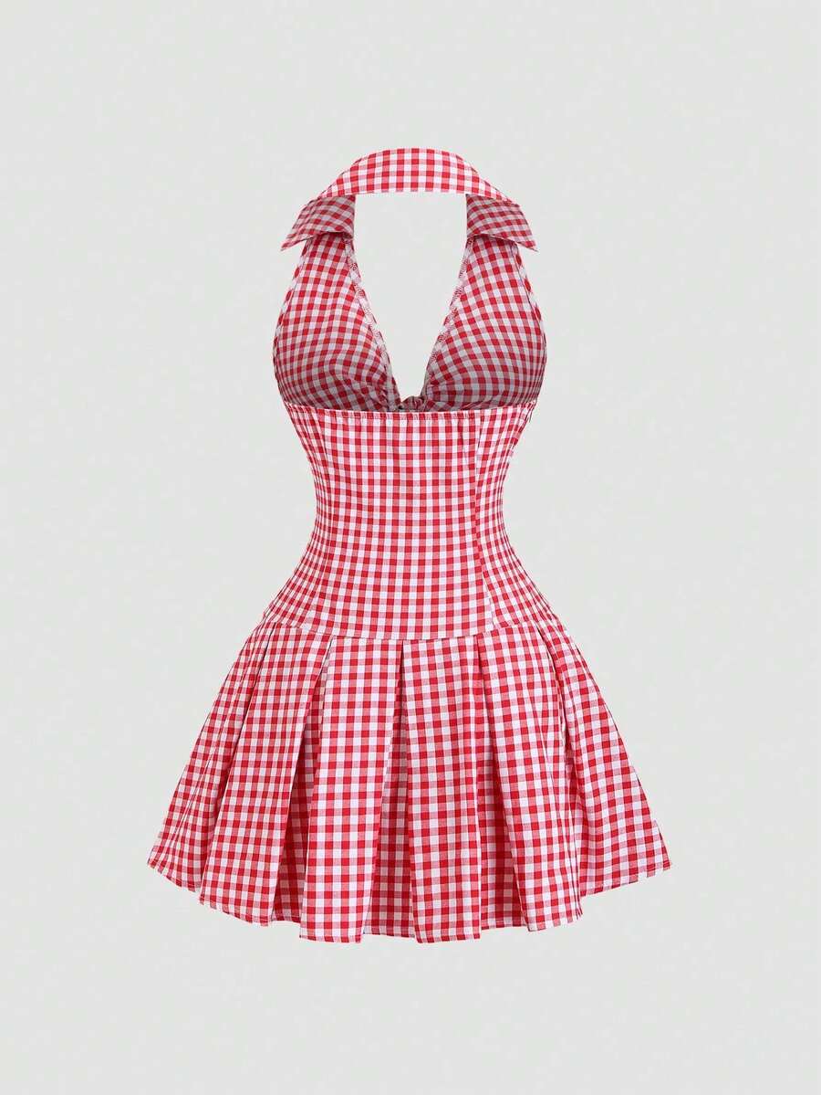 Vestido mini plisado línea A: lazo cintura, halter sin mangas, espalda abierta – Estampado floral rojo/blanco, estilo retro francés - Burdeos - Ver 1