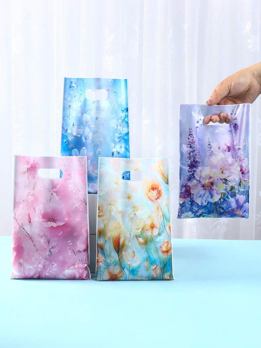 10/25/50入 16.5*25cm 塑膠嬰兒派對禮品袋附手把，防水可重複使用手提袋，水彩油畫花卉混搭風，適用生日、性別揭曉、嬰兒派對用品、教室獎勵、主題派對裝飾