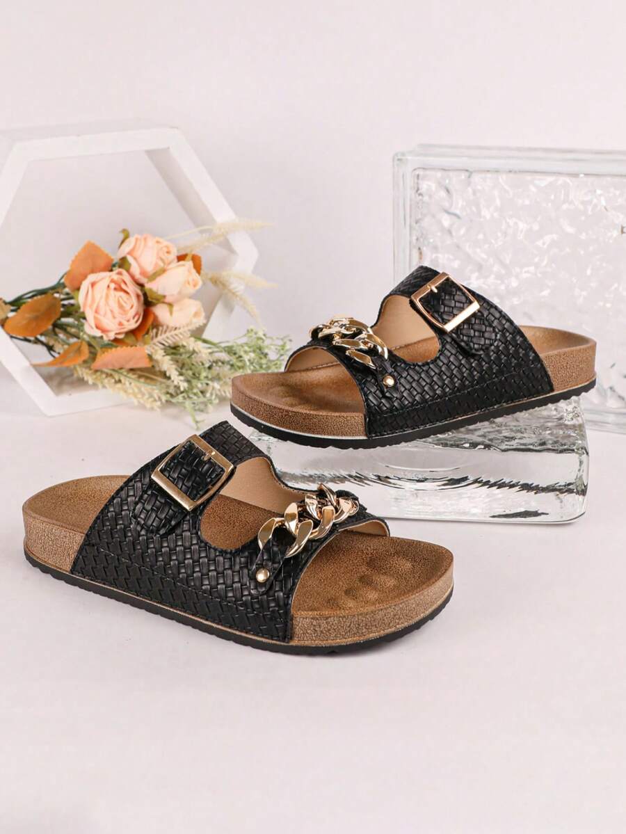 Casual Sandals Versatile Slides Gold Chain + Adjustable Buckle Design Summer Commute Outdoor Women's Sandals - Black - View 1