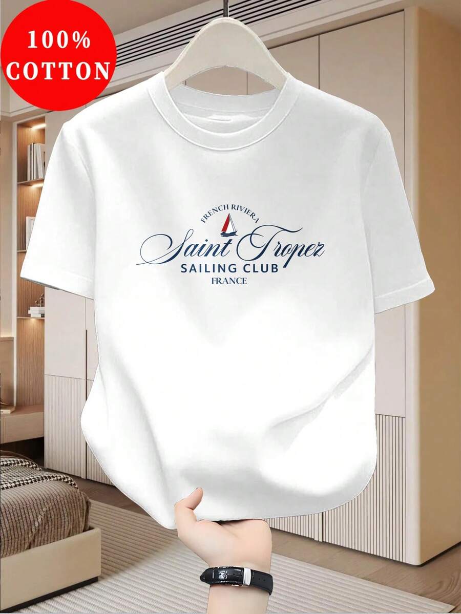 Camiseta hombre 100% algodón, ligera manga corta. Corte clásico moderno, ideal verano. Estilo informal versátil para jóvenes, estampado náutico y logo Club Náutico de Saint-Tropez. - Blanco - Ver 1