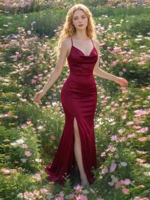 QIANZHIDU Women's Burgundy Long Dress New Elegant Gorgeous Vintage Bohemian Style Solid Color Tank Top Backless High Slit Zipper Stretch Waist Thin Shoulder Strap Summer Evening Gown, Suitable For Wedding Bridesmaid, Banquet, Birthday, Wedding, Music Festival, Beach Vacation, Tea Party, Stage And Country Music Concert - Burgundy - View 10