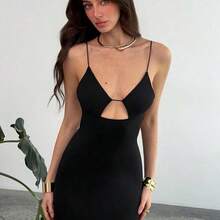 Soqi Women's Clothing Vestido largo de tirantes con diseño calado de unicolor para mujer - Celeste - Ver 4