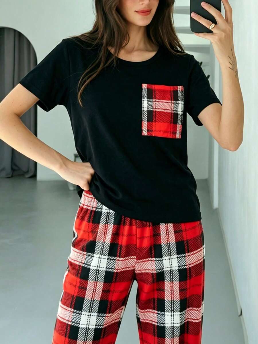 黑色袋裝短袖上衣 & 格紋印花長褲 2件組女款睡衣套裝 - 黑色 - 查看 1
