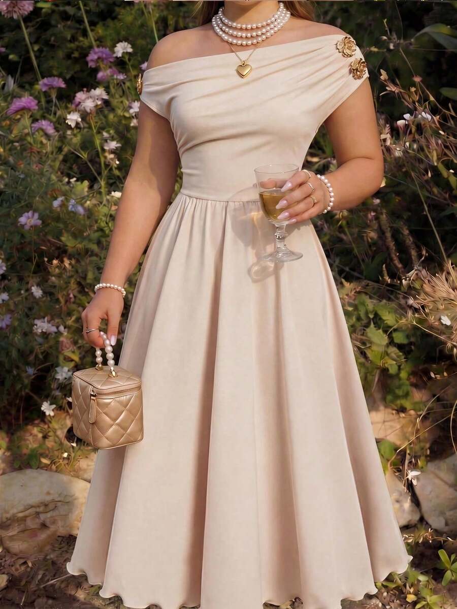 MOD Vestido midi asimétrico de hombro elegante de color albaricoque para mujer de talla grande, adecuado para fiestas de té en el jardín, citas y fiestas - Albaricoque - Ver 1