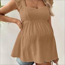 Camisa de manga corta de uso diario versátil y casual con pliegues de unicolor para maternidad - verde menta - Ver 9