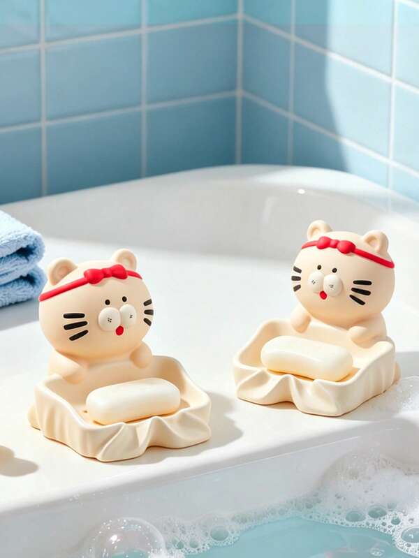 2/1 Cái Khay đựng xà phòng hình mèo Kitty độc đáo, khay xà phòng hình mèo dễ thương với thiết kế thoát nước, phụ kiện phòng tắm đáng yêu, trang trí nhà theo chủ đề động vật