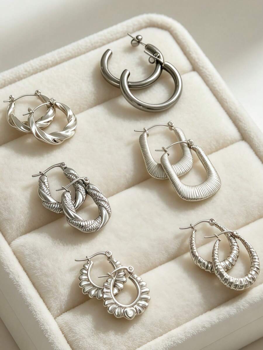 2/6/12pcs Silver Stainless Steel Earring Set, Suitable For Women, Exquisite Elegant Women's Stud Earrings - Fashion Minimalist Style Design, With Fashion Asymmetric Shape, Suitable For Daily Wear And Party Occasions. Silver Jewelry, Stainless Steel Earring Set, Summer Jewelry For Women - Stainless Steel Set - View 1