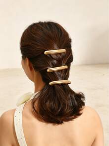 1/2/3pcs Women's Elegant Metal Hair Clips, Y2K Glamorous Solid Color Single Line Spring Clips, Elegant Casual Hair Clips, Daily Ponytail Clips, School Supplies Hair Accessories,Claw Clips - Gold - View 2