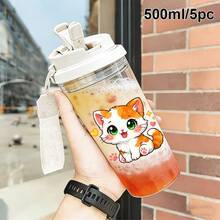 1pc/5pcs 500ml Plastic Coffee Travel Mug, Cute Orange & White Kitten Print. Suitable For Iced Coffee, Tea And Cold Drinks. A Sweet And Cheerful Gift For Cat Lovers, Perfect For Home, Office Or Outdoor Daily Use. - Multicolored Kitten - View 12