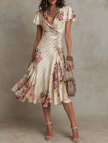 Vestido manga corta estampado escote V con volantes corte A - Albaricoque - Ver 6