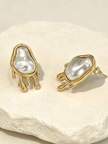 1 Pair Minimalist Abstract Design Faux Pearl Asymmetrical Stainless Steel Earrings Suitable For Daily Wear - Gold - View 8