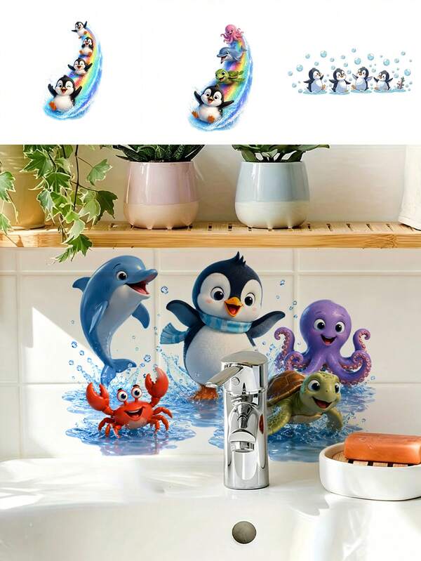 1 buah/2 buah Stiker Dinding Hewan Laut Lucu, Stiker Kamar Mandi Kartun Lumba-lumba Penguin Gurita, Dekorasi Vinyl yang Dapat Dilepas untuk Kamar Anak & Kamar Bayi