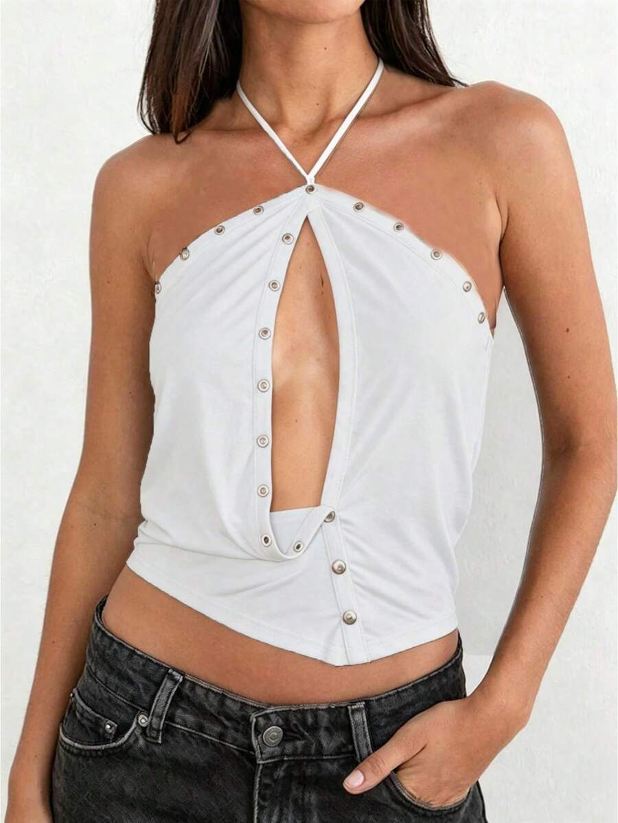 Womens Rivets Studded Halter Neck Plunge Cami Top Self-Tie Spaghetti Straps V-Neck Cut Out Front Crop Tank Top Camisole Vest Y2K Streetwear Party Tops - F210948-灰色 - 查看 1