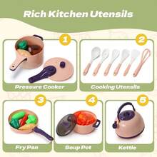 Juego de cocina para niños, juego de cortar alimentos para niños, alimentos de juego simbólico frutas y verduras educativas, ollas y sartenes de tamaño realista, verde y rosa adecuado para niños y niñas para jugar, incluye cocinar, saltear, cortar verduras y otros utensilios de cocina - Multicolor - Ver 7