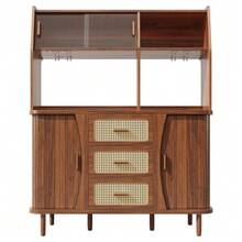 High-Quality Sideboard With Rattan Look And Glass Sliding Doors, 174.5cm High Kitchen Cabinet With Storage Space, Natural Wood/Walnut Look, Load Capacity Up To 60kg - Walnut - 查看 9