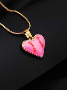 1 pieza Collar de mujer de estilo de lujo ligero versátil y de moda, colgante de béisbol con bloques de color, exquisita artesanía de costura, corazón rosa delicado de nicho, acero de titanio chapado en oro de 18K, cadena de clavícula de alta gama para uso diario - Rosa - Ver 2