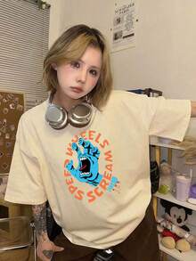 Domestic Shipping Available. Women's White Long-Sleeved T-Shirt With Print. Korean-Style Top. New For Fall. Y2K Top. Korean Style. Loose Fit. Casual. Long-Sleeved T-Shirt. - Apricot - View 1