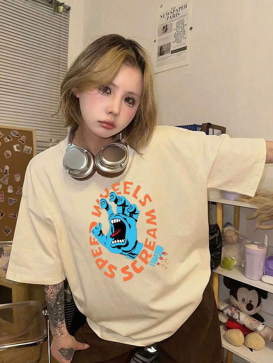 Domestic Shipping Available. Women's White Long-Sleeved T-Shirt With Print. Korean-Style Top. New For Fall. Y2K Top. Korean Style. Loose Fit. Casual. Long-Sleeved T-Shirt. - Apricot - View 1