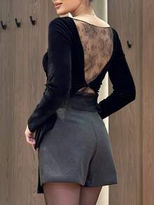 Women's Sexy Elegant Back Patchwork Sheer Lace Boat Neck Long Sleeve Velvet Top, Suitable For Daily Wear And Dating Black - Black - View 5