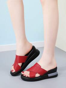 Women's Wedge Heel Slippers, Casual Thick Sole Shoes, Comfortable Sandals - Red - View 5
