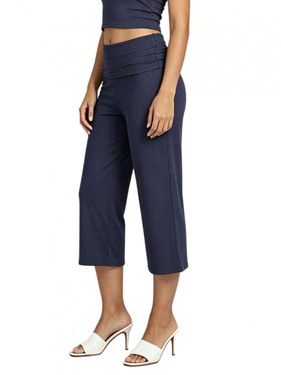 Womens Wide Leg Capris Casual Fold Over Waist Stylish Solid Color Mid Rise Cropped Pants - Dark Blue - View 1