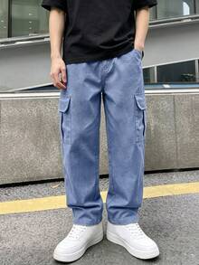 1件装青少年男童复古简约工装裤，适合运动、户外活动、春秋季穿着 - 霧霾藍 - 查看 9