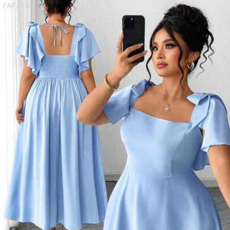 xuehuamaoyi02  Vestido de línea A de longitud media con cuello cuadrado y tirantes con lazo, en color azul cielo, elegante y minimalista, para mujer de talla grande, para uso diario, fiesta, boda y dama de honor - Azul - Ver 1
