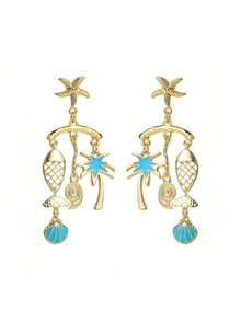 2pcs High Quality Conch Starfish Fish Shell Coconut Tree Bohemian Style Multicolor Metal Women Earrings, Suitable For Daily Commute, Party, Beach Vacation - Multicolor - View 6