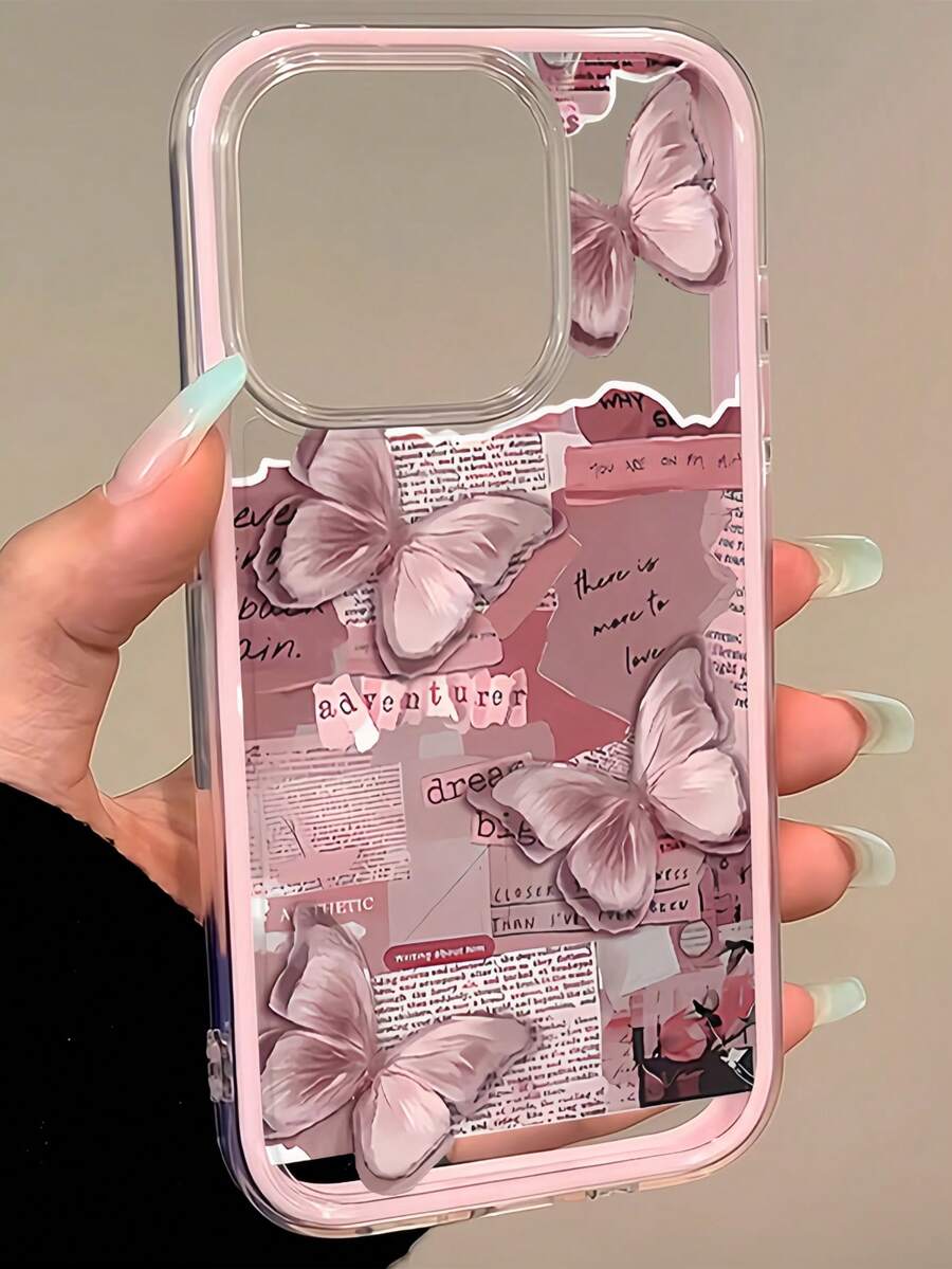 1pc Pink Frame Transparent Minimalist Lens Protection Anti-Drop Anti-Collision Romantic Pink Paper Butterfly Pattern Phone Case Personalized Compatible With IPhone 16 Pro Max/17/16/15/14 Plus/13/12/11/Air And Series - Multicolor - View 1