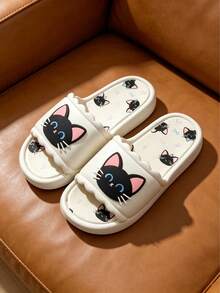 1 Pair Personalized Casual Soft Bottom Slippers, Cute Black Cat Pattern, Suitable For Indoor And Outdoor Wear, Summer Style, Runs Small - Women's Slippers - View 19