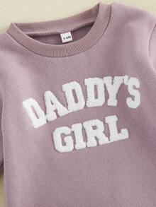 Baby Girls Jumpsuit, Long Sleeve Crew Neck Embroidery Letters Casual Romper Clothes - Purple - View 9
