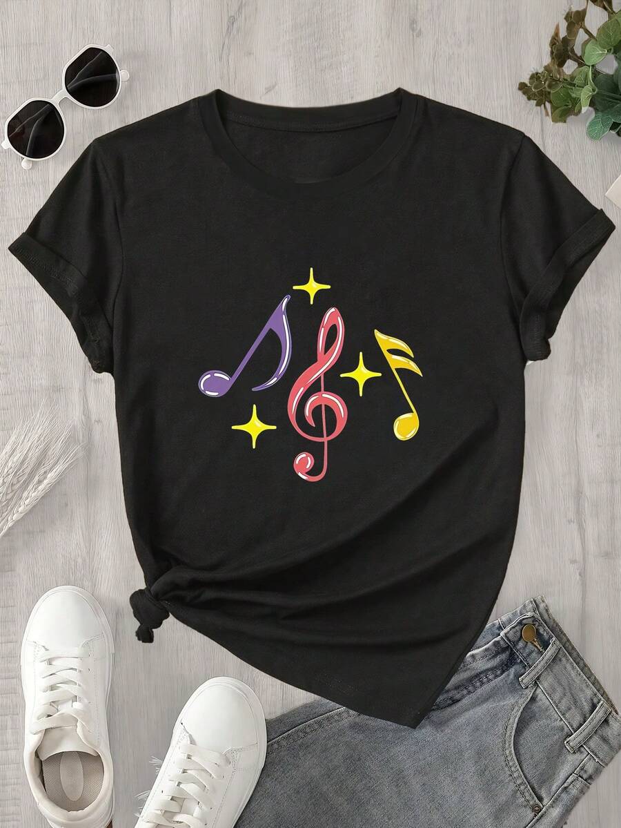Top de mujer de manga corta y cuello redondo con estampado de nota musical en el centro, apto para todas las estaciones. - Negro - Ver 1