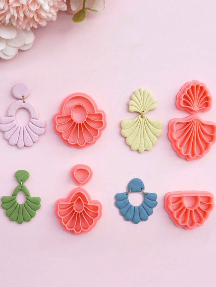 Geometric Polymer Clay Cutter Ginkgo Leaf Polymer Clay Earring Cutters Embossed Leaf Shape Jewelry Making Kits Fan-Shaped Design Soft Pottery Clay Molds For Pendant & Necklace Decoration Making - Pink - View 1