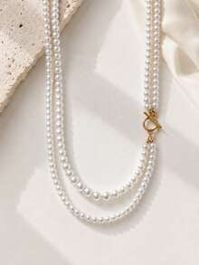 Hegaze 1pc Elegant Versatile Double Layer Beaded Necklace With OT Clasp For Women - White - View 2