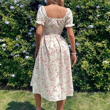 yonghongmaoyi1  PETITE Vestido maxi elegante de vacaciones con cuello de volantes, mangas de pétalos, cintura con lazo y estampado de parches florales románticos en rosa - Rojo y blanco - Ver 3
