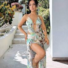 MewMuse. Vestido de vacaciones elegante y ajustado con estampado floral de leopardo y cuentas, adecuado para vacaciones en la playa, vestido maxi de vacaciones, vestido de playa, vestido sin espalda, fiesta de primavera/verano - verde menta - Ver 4